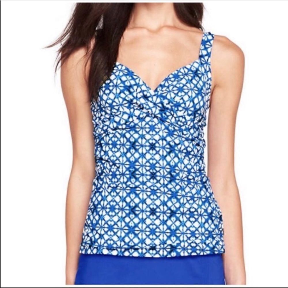 Land’s End tankini top Vwrap underwire Techno blue white print adjustable 8
